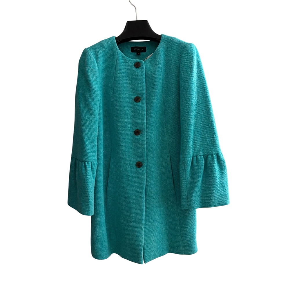 Talbots Wool Blend Coat Women's 6 Turquoise Bell Sleeve A-Line Retro Mod
